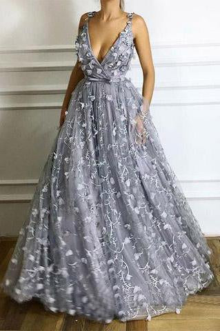 Deep V-Neck Long Flowers Lace Grey Prom Evening Dress A-Line Formal Dresses PFP0037