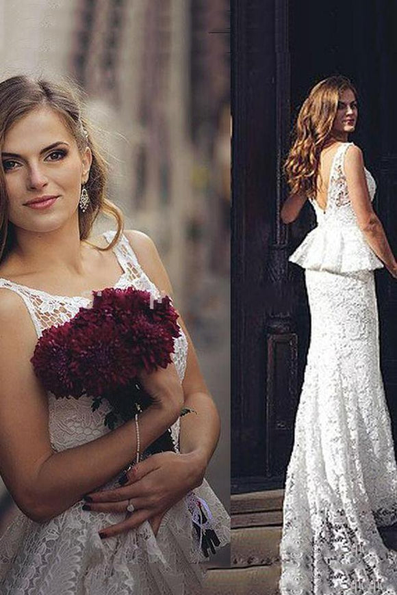 Romantic Sheath Backless Lace Wedding Dress,Cheap Bridal Gown