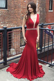 Red Deep V Neck Mermaid Evening Prom Dresses, Long Sexy Party Prom Dress PFP1015