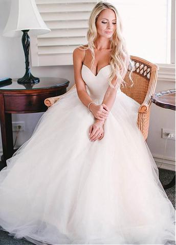 Pretty Spaghetti Straps A-line Tulle Ivory Summer Beach Wedding Dresse –  Promfast