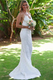 Ivory Spaghetti Straps Sexy Backless Long Lace Mermaid Beach Wedding Dresses PFW0227