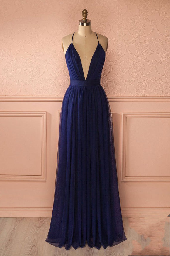 Sexy Navy V Neck Backless Prom Dress, Simple Long Evening Dress For Woman PFP1018