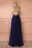 Sexy Navy V Neck Backless Prom Dress, Simple Long Evening Dress For Woman PFP1018