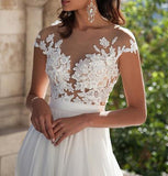 Ivory Lace Front Slit See Through Cap Sleeves Custom Made Beach Wedding Dresses PFW0228