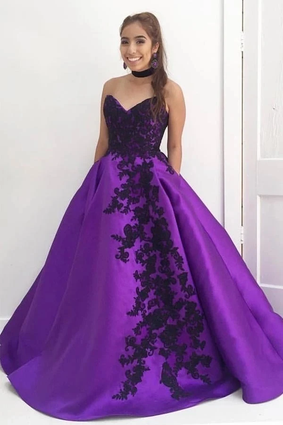 Promfast Ball Gown Seetheart Black Lace Appliques Satin Purple Prom Dresses with Pockets PFP1864