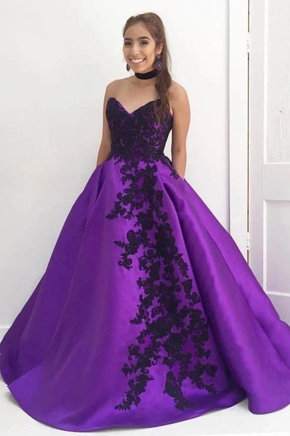 fitted lace wedding dress A-line Black and Purple Tulle V-neckline Beaded Prom Dress, Black fitted lace wedding dress A-line Black and Purple Tulle V-neckline Beaded Prom Dress, Black