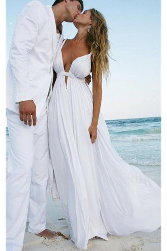 Sexy White Chiffon Deep V-neck Elegant Plus Size Beach Wedding Dresses PFW0229
