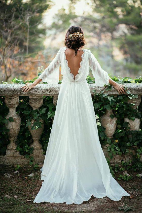 Sexy Ivory Lace 3/4 Long Sleeve Backless Summer Chiffon Plus Size Beach Wedding Dresses PFW0230