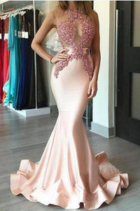Sexy Lace Mermaid Long Pink Satin Simple Cheap Pretty Prom Dresses PFP1022