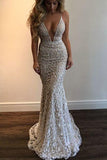 Mermaid 2019 Spaghetti Straps Prom Dress,Beading Lace V-neck Prom Dress Sexy Wedding Dress PFW0256
