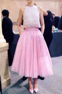 Sparkly Pink Two Pieces Beaded Tea-length Long Prom Dresses For Teens PFP1024
