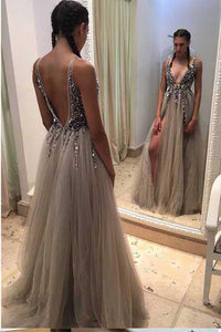 Sexy Deep V-neck Long A-line Tulle Backless Lace Prom Dresses Women Dresses PFP1026