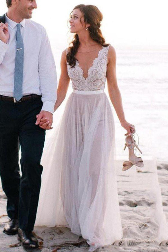 Elegant Beach Coast Wedding Dresses,Lace A Line Tulle Bridal Dresses For Beach Wedding PFW0259
