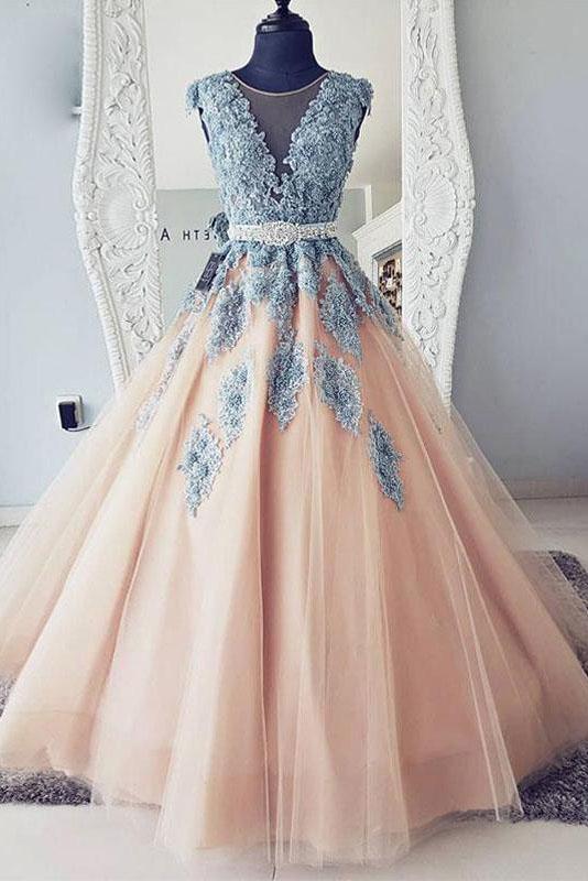 V-neck Blue Lace Ball Gown Long Tulle Evening Dresses,Cheap Prom Dress PFP0011