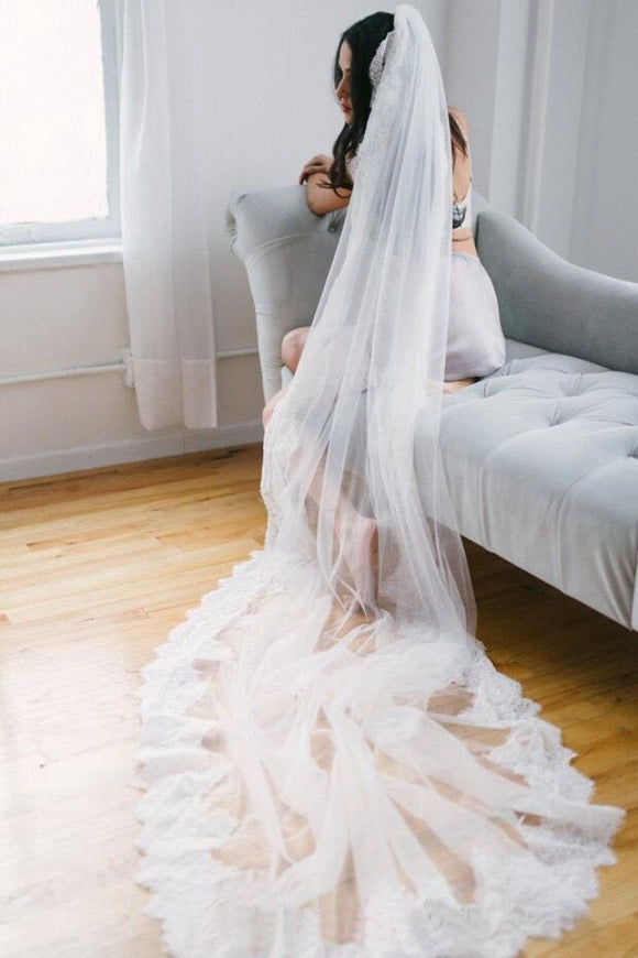 Alencon Lace Trim Long Ivory Veil for Wedding