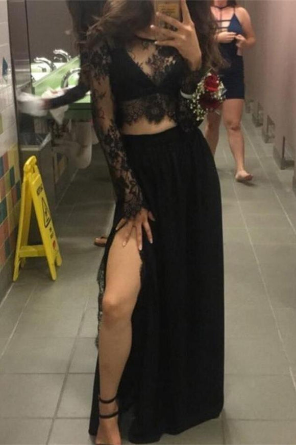 Black Long Sleeves Lace Two Pieces Sexy Prom Dresses For Teens PFP1028
