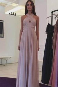 Pink Chiffon Long A-line Halter Simple Cheap Elegant Prom Dresses PFP1029