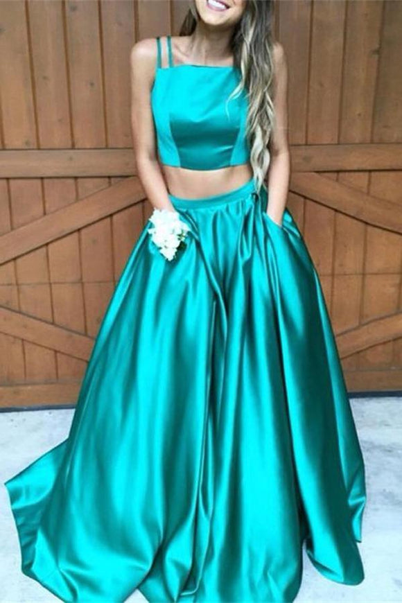 Plus Size Two Pieces Green Satin Long A-line Cheap Simple Modest Prom Dresses For Teens PFP1031