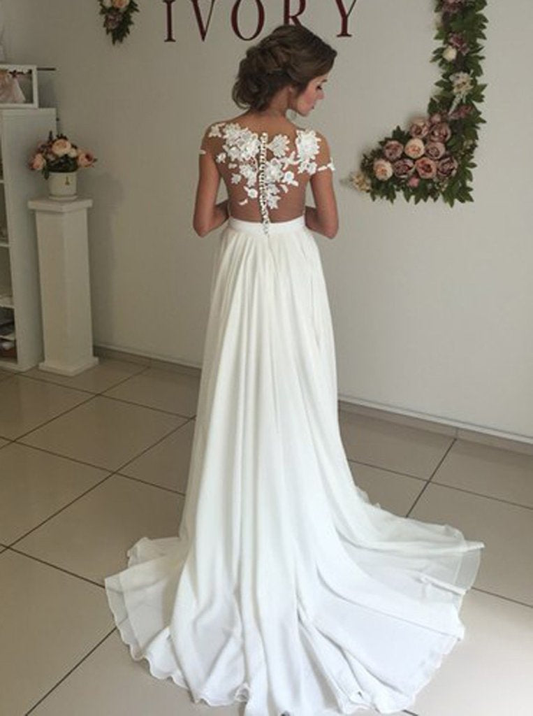 Elegant White Chiffon Wedding Dresses with Appliques, Sweep Train A Li –  Promfast