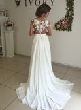 Elegant White Chiffon Wedding Dresses with Appliques, Sweep Train A Line Wedding Dress PFW0261