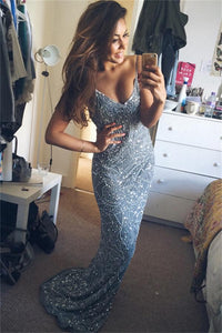 Spaghetti Straps Long Blue V-neck Sparkly Mermaid Prom Dresses For Teens PFP1032