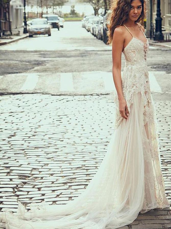 A-Line Spaghetti Straps Lace Beach Wedding Dress, Simple Boho Wedding Promfast A-Line Spaghetti Straps Lace Beach Wedding Dress, Simple Boho Wedding Promfast