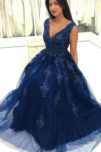 Charming V Neck Navy Blue Lace Appliques Long Prom Dresses, Elegant Evening Dresses PFP0039