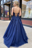 Promfast Dark Blue Tulle Lace Applique Spaghetti Straps Long Prom Dress Evening Dress PFP1865