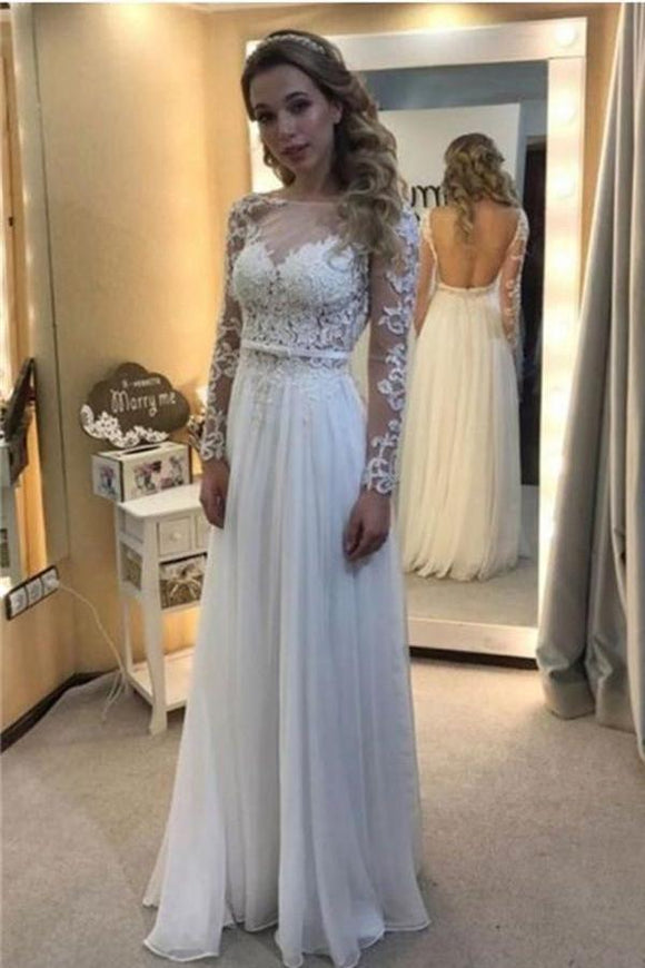 White Lace Chiffon Backless A-line Long Prom Dresses With Sleeves PFP1037