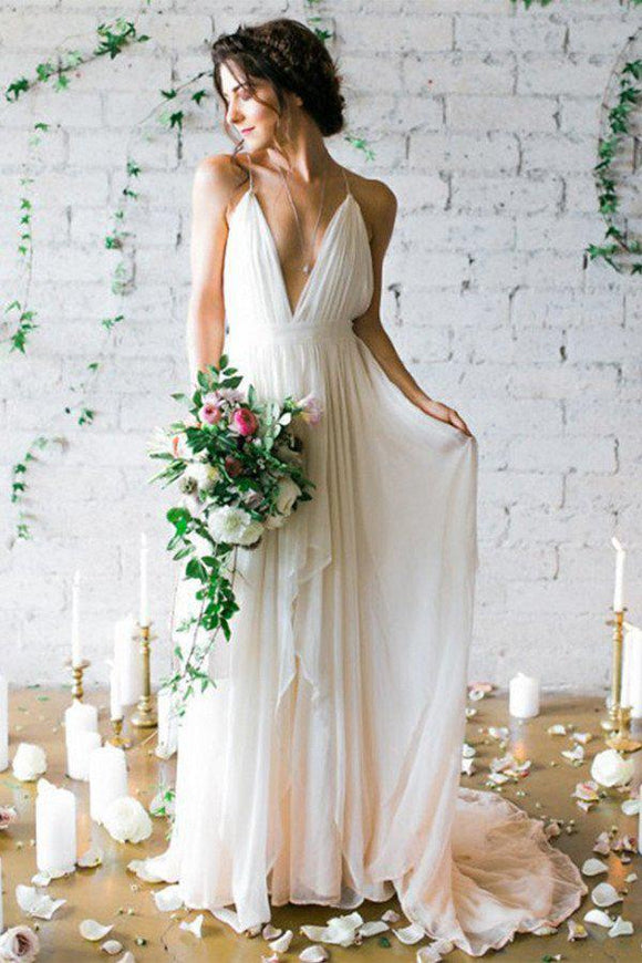 Simple Backless Beach Summer Wedding Dresses, Chiffon LongWedding Gowns PFW0264