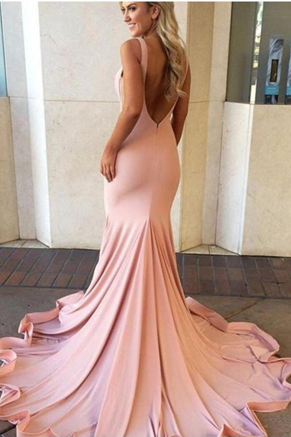 Pink Sweep Train Backless Simple Cheap Mermaid Long Party Prom Dresses PFP1040
