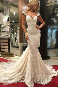 Sexy Mermaid Lace Wedding Dresses 2019 Cap Sleeves Appliques Bridal Gowns PFW0266