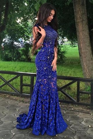 Sparkly Royal Blue Lace Beaded Long Mermaid Backless Prom Dresses Evening Dresses PFP1042