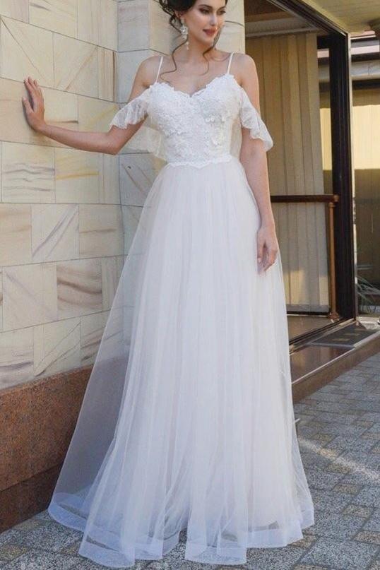 Spaghetti Straps Lace Dropped Sleeves Tulle A Line Beach Wedding Dress Promfast Spaghetti Straps Lace Dropped Sleeves Tulle A Line Beach Wedding Dress Promfast
