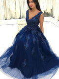 Charming V Neck Navy Blue Lace Appliques Long Prom Dresses, Elegant Evening Dresses PFP0039