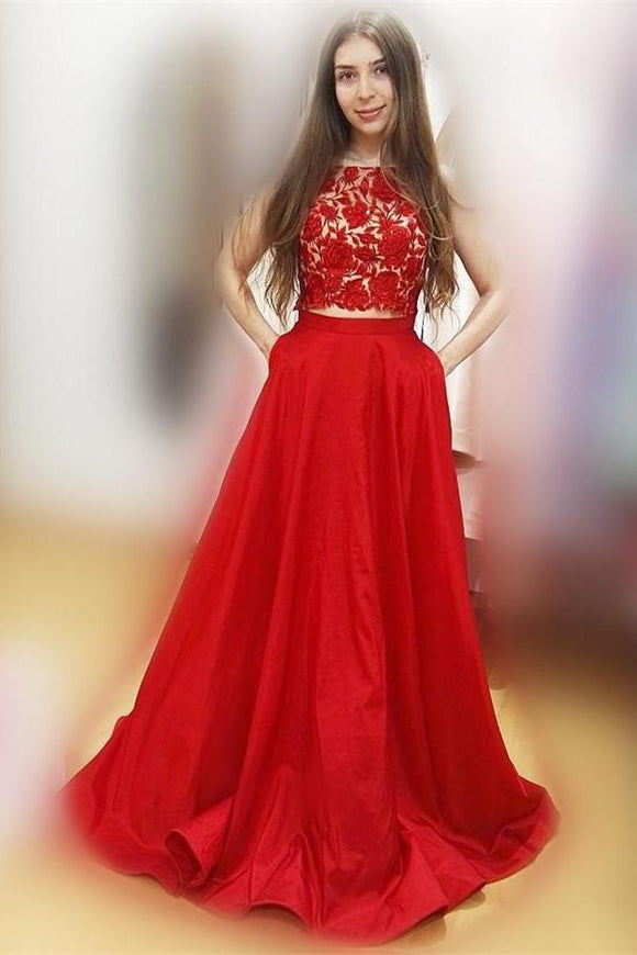 Red Two Pieces Lace Satin A-line Cap Sleeveless Long Party Prom Dresses PFP1043