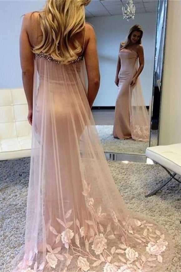 Mermaid Sweep Train Long Pink Spaghetti Straps Beauty Prom Dresses PFP1044