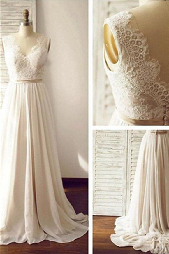 Simple Long Chiffon Lace A-line V-neck Beach Wedding Dresses PFW0268