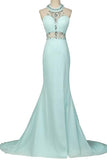 Mint Halter Open Back Long Mermaid Charming Elegant Chiffon Prom Dresses PFP1045