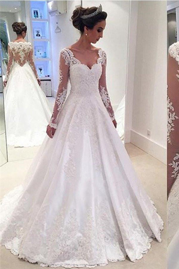 Long Sleeves Lace A-line High Low Long White V-neck Wedding Dresses PFW0273