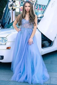 Promfast A Line Spaghetti Straps Sky Blue Tulle Long Prom Dress With Appliques PFP1866