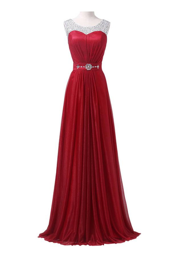 Red Long Beading Sparkly Modest A-line Floor Length Prom Dresses PFP1048