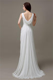 V-neck White Open Back Chiffon Long Simple Plus Size Beach Wedding Dresses PFW0275