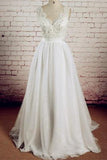 V-neck Ivory Lace Beading Long Handmade A-line Tulle Wedding Dresses PFW0276
