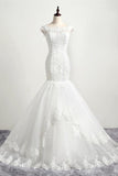 Mermaid Boat Neckline Open Back Lace Up White Long Wedding Dresses PFW0278
