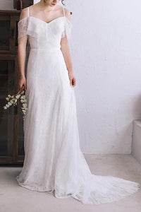 Spaghetti Straps Lace A Line Boho Beach Wedding Dress Simple Bridal Gown