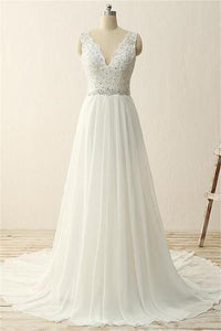 V-neck Ivory Chiffon Beading Long Simple High Quality Cheap Beach Wedding Dresses PFW0280