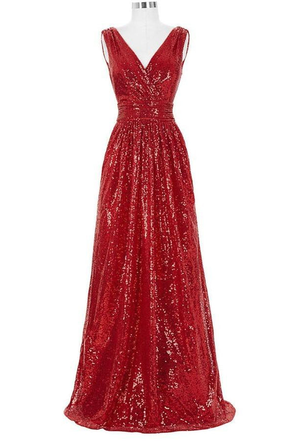 Red Sparkly V-neck Long A-line Backless Cheap Plus Size Prom Dresses PFP1053