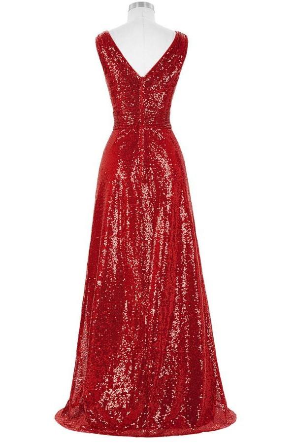 Red Sparkly V-neck Long A-line Backless Cheap Plus Size Prom Dresses P –  Promfast