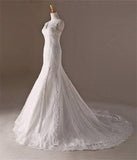 Mermaid V-neck Long Lace Sweep Train Lace Up Modest Wedding Dresses PFW0281
